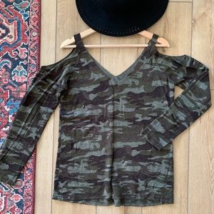 Sanctuary Camo Cold Shoulder Sweater
